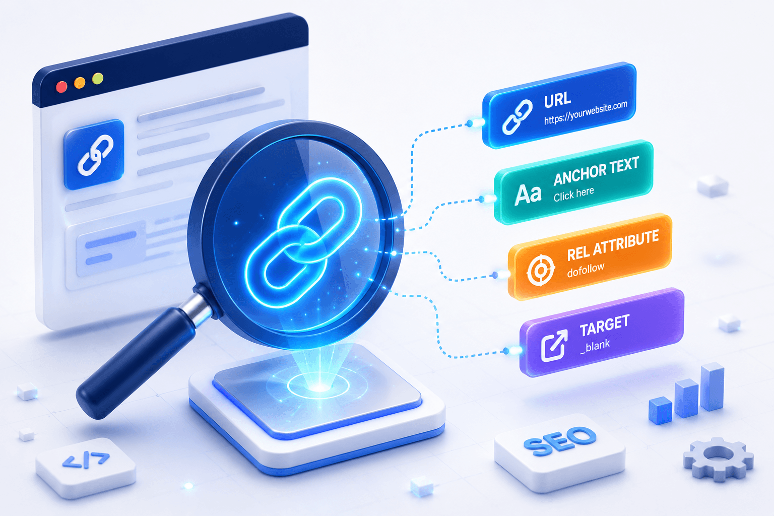 4 yếu tố cấu thành một backlink chất lượng soi dưới kính lúp: URL đích của liên kết, Anchor text (dòng chữ chứa link), thuộc tính rel (dofollow/nofollow) và target — những thành phần cần mổ xẻ khi đánh giá giá trị SEO của một backlink
