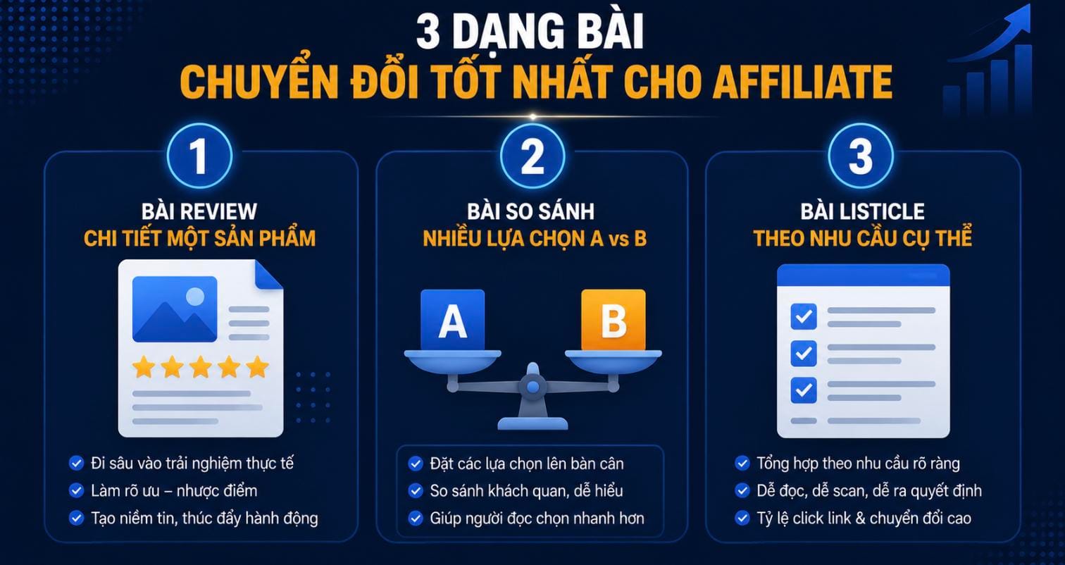 3 dạng bài chuyển đổi tốt nhất cho affiliate: bài review chi tiết, bài so sánh A vs B, bài listicle theo nhu cầu cụ thể 3 dạng bài chuyển đổi tốt nhất cho affiliate: bài review chi tiết, bài so sánh A vs B, bài listicle theo nhu cầu cụ thể