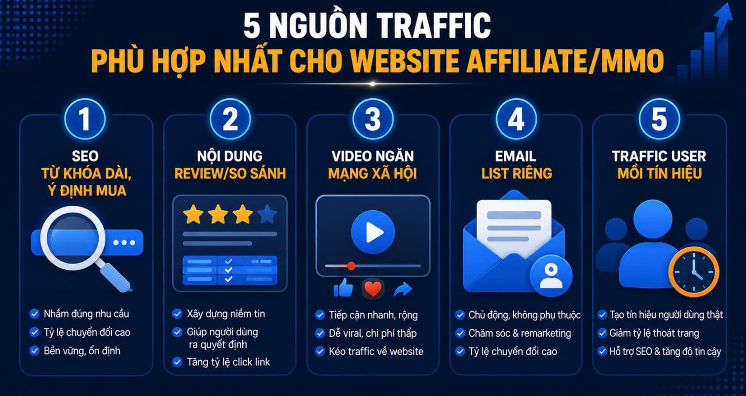 5 nguồn traffic phù hợp nhất cho website affiliate/MMO: SEO từ khóa dài, review so sánh, video ngắn mạng xã hội, email list, traffic user mồi tín hiệu 5 nguồn traffic phù hợp nhất cho website affiliate/MMO: SEO từ khóa dài, review so sánh, video ngắn mạng xã hội, email list, traffic user mồi tín hiệu