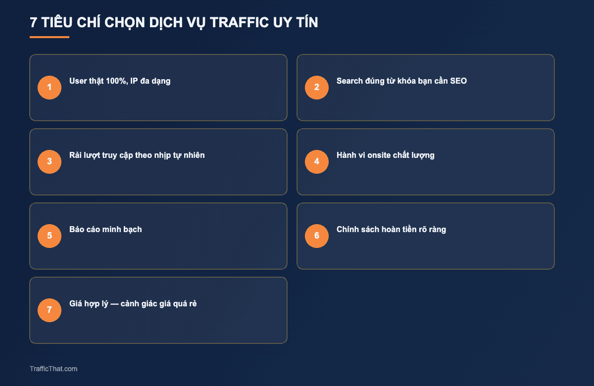 7 tiêu chí chọn dịch vụ tăng traffic website uy tín: user thật 100%, search đúng từ khóa