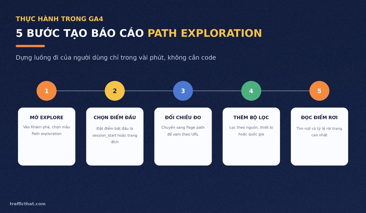 Sơ đồ 5 bước tạo báo cáo Path Exploration trong GA4 để xem luồng đi của người dùng