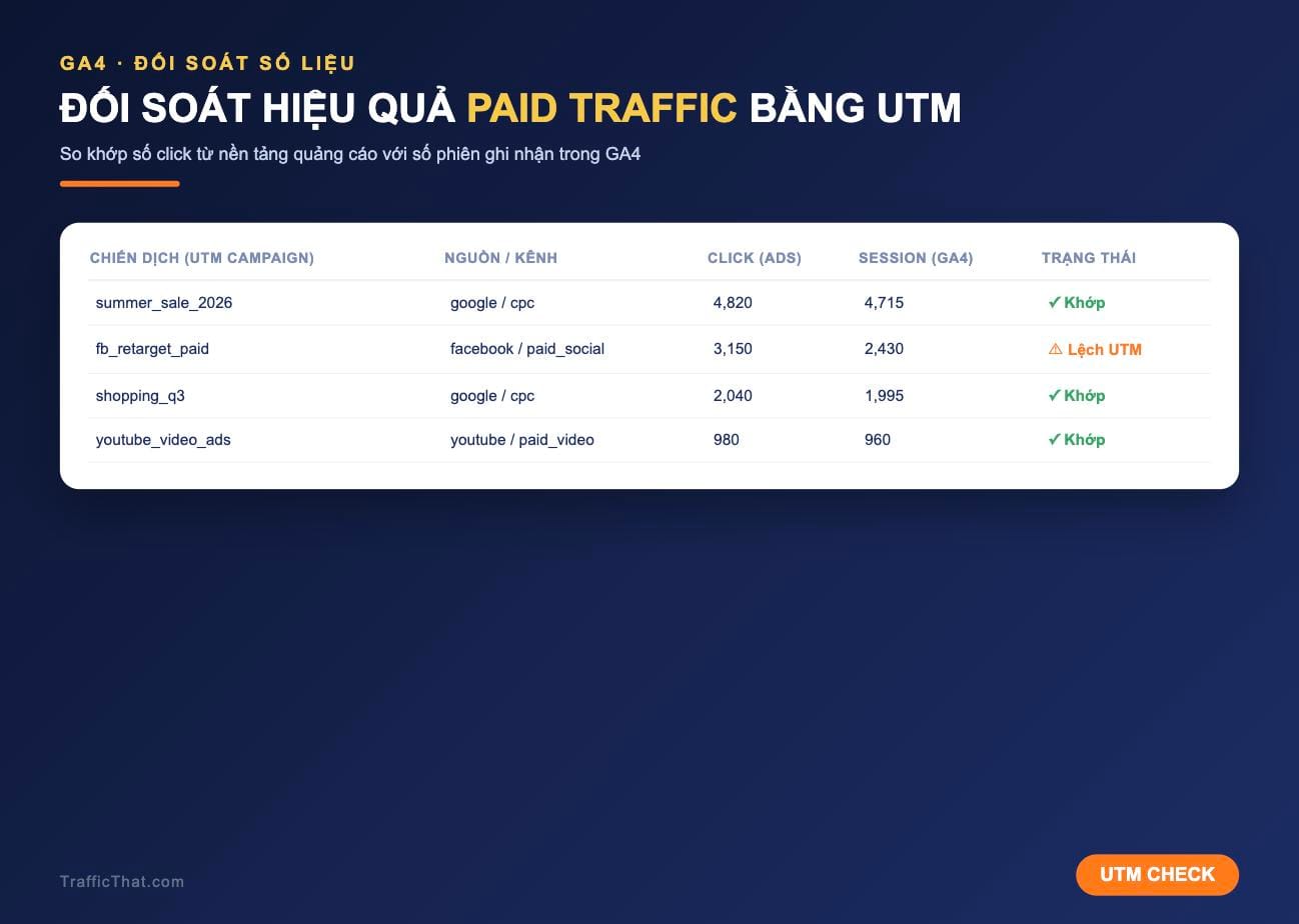 Dashboard GA4 đối soát hiệu quả Paid Traffic với UTM tag