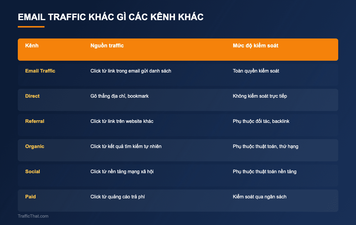 Bảng so sánh Email Traffic với Direct Referral Organic Social Paid