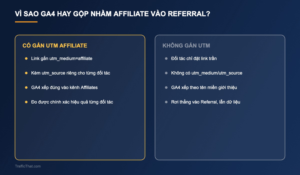So sánh có gắn UTM affiliate và không gắn UTM ảnh hưởng phân loại GA4