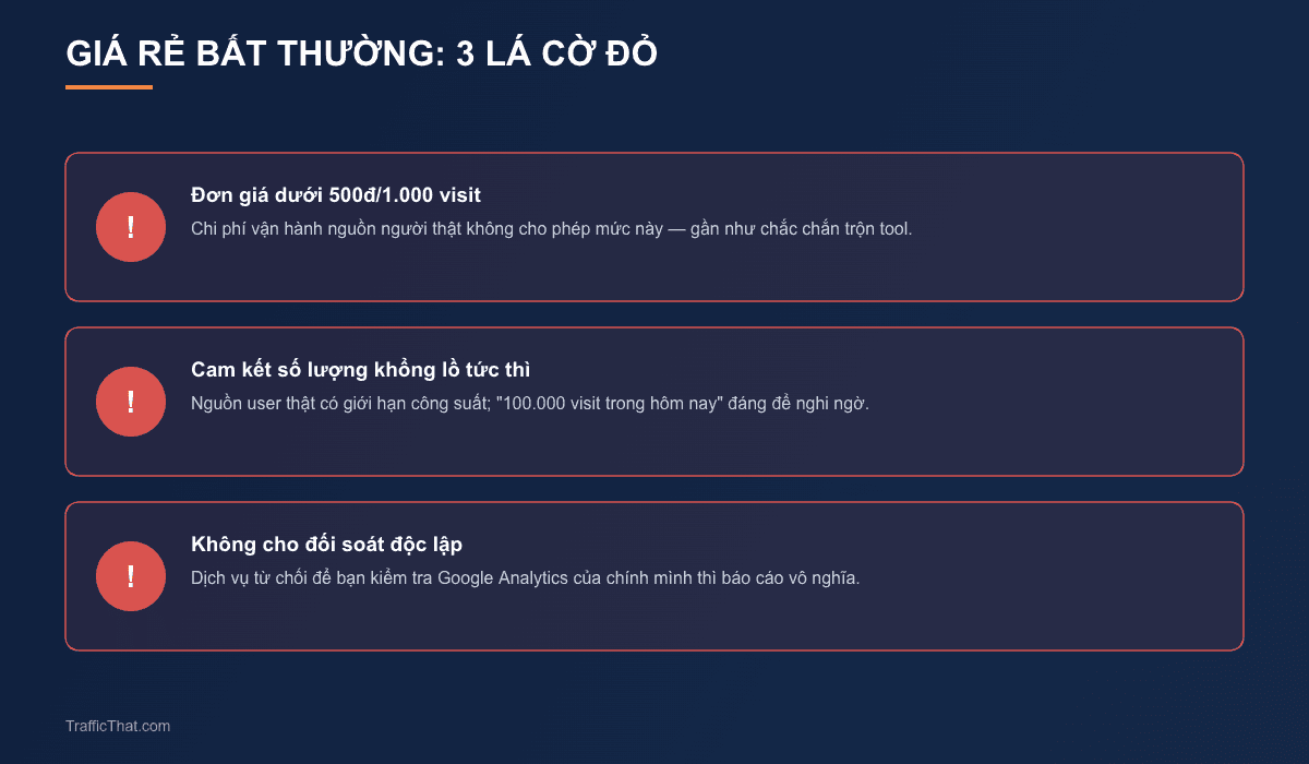 Giá rẻ bất thường: 3 lá cờ đỏ cần cảnh giác khi mua traffic user Giá rẻ bất thường: 3 lá cờ đỏ cần cảnh giác khi mua traffic user
