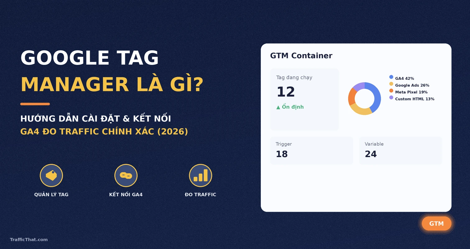 Google Tag Manager là gì – GTM Container quản lý tag GA4, Google Ads, Meta Pixel Ảnh minh họa Google Tag Manager là gì với dashboard GTM Container quản lý 12 tag GA4, Google Ads, Meta Pixel và Custom HTML