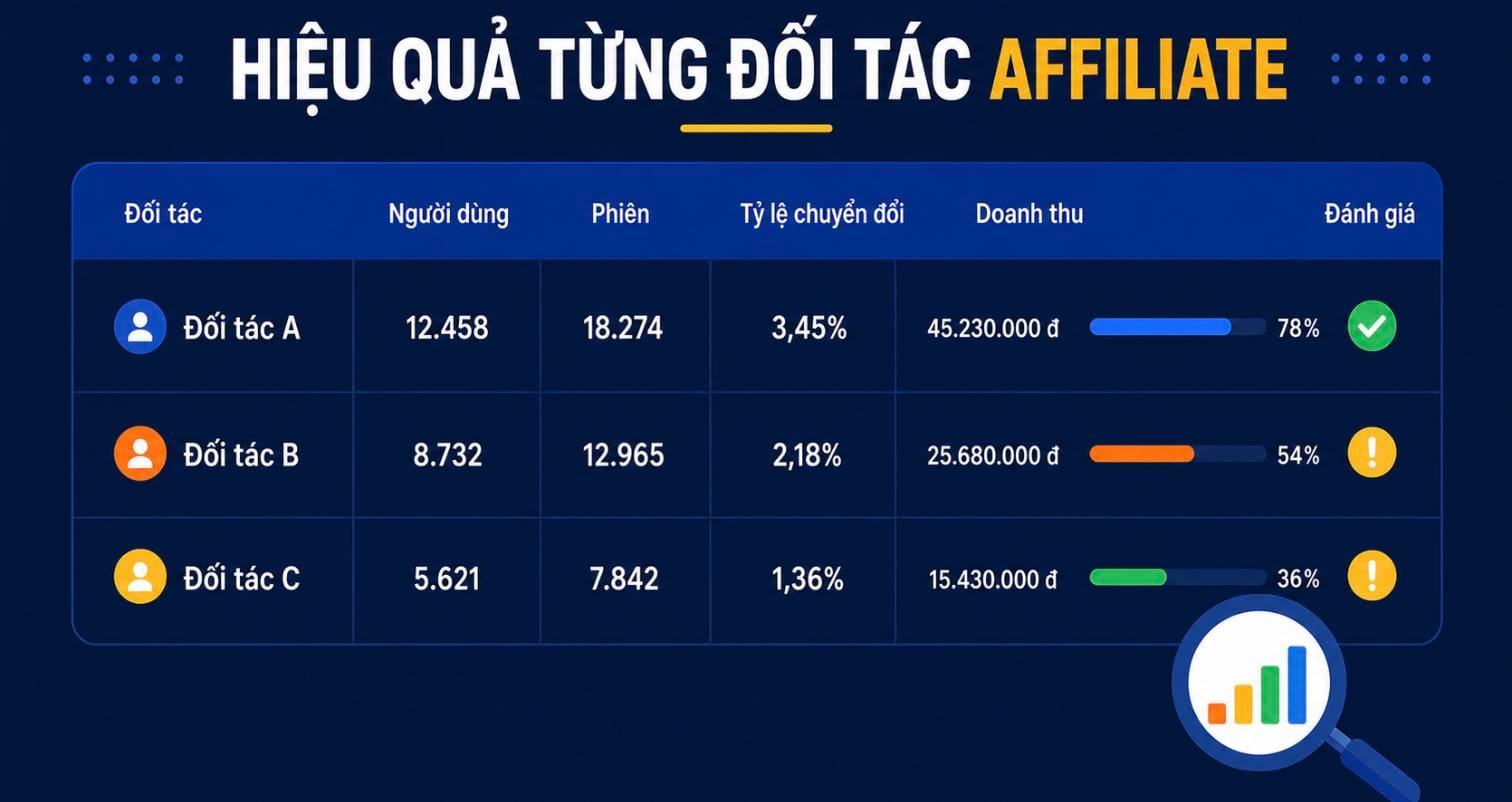 Bảng báo cáo GA4 hiệu quả từng đối tác Affiliate: người dùng, phiên, tỷ lệ chuyển đổi, doanh thu