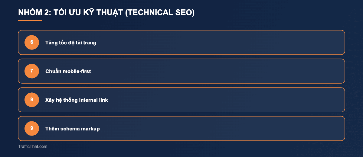 Nhóm 2 tối ưu kỹ thuật technical SEO: tăng tốc độ tải trang, chuẩn mobile-first, xây hệ thống