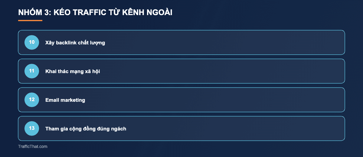 Nhóm 3 kéo traffic từ kênh ngoài: xây backlink chất lượng, khai thác mạng xã hội, email marketing