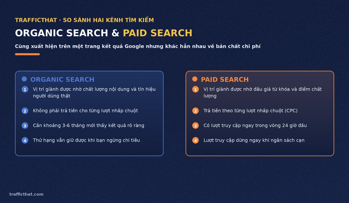 Hai cột so sánh đặc điểm của Organic Search và Paid Search về chi phí và độ bền