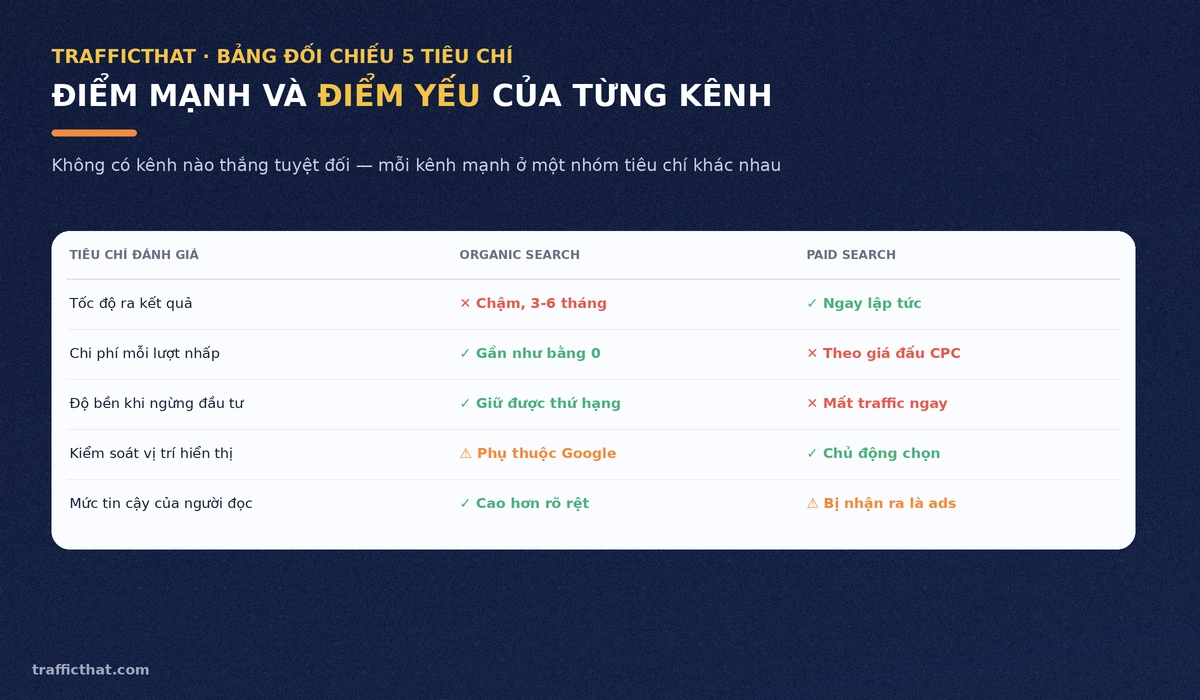 Bảng đối chiếu 5 tiêu chí điểm mạnh điểm yếu của Organic Search và Paid Search