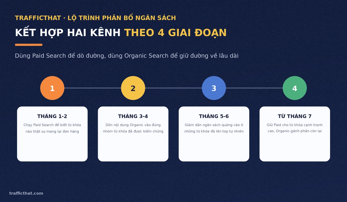 Lộ trình 4 giai đoạn kết hợp Paid Search và Organic Search để phân bổ ngân sách
