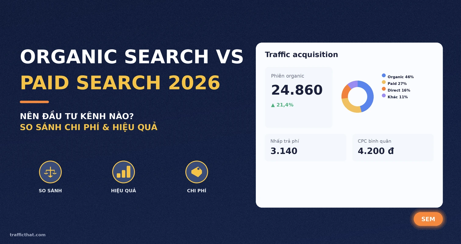 Biểu đồ so sánh Organic Search và Paid Search năm 2026 trên dashboard traffic acquisition