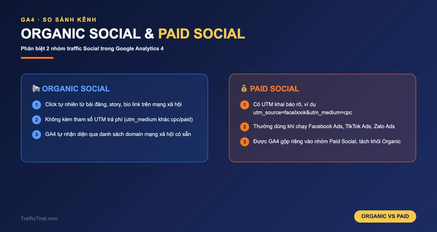 So sánh Organic Social và Paid Social trong Google Analytics 4