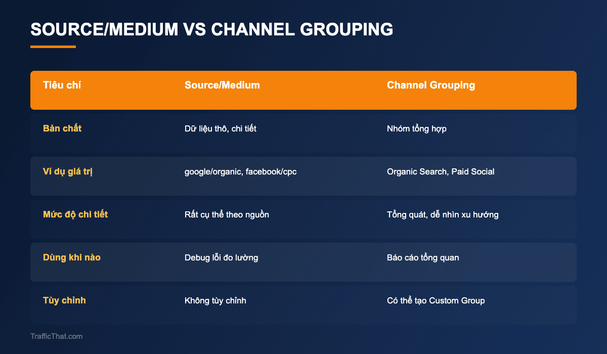 Bảng so sánh Source Medium và Channel Grouping trong GA4