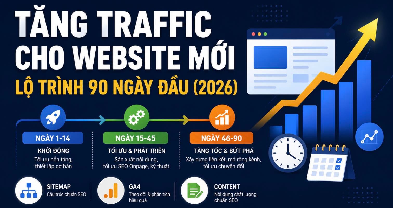 Tăng traffic cho website mới - lộ trình 90 ngày đầu 2026 với 3 giai đoạn nền móng kỹ thuật, mồi tín hiệu và tăng tốc content Tăng traffic cho website mới - lộ trình 90 ngày đầu 2026 với 3 giai đoạn nền móng kỹ thuật, mồi tín hiệu và tăng tốc content