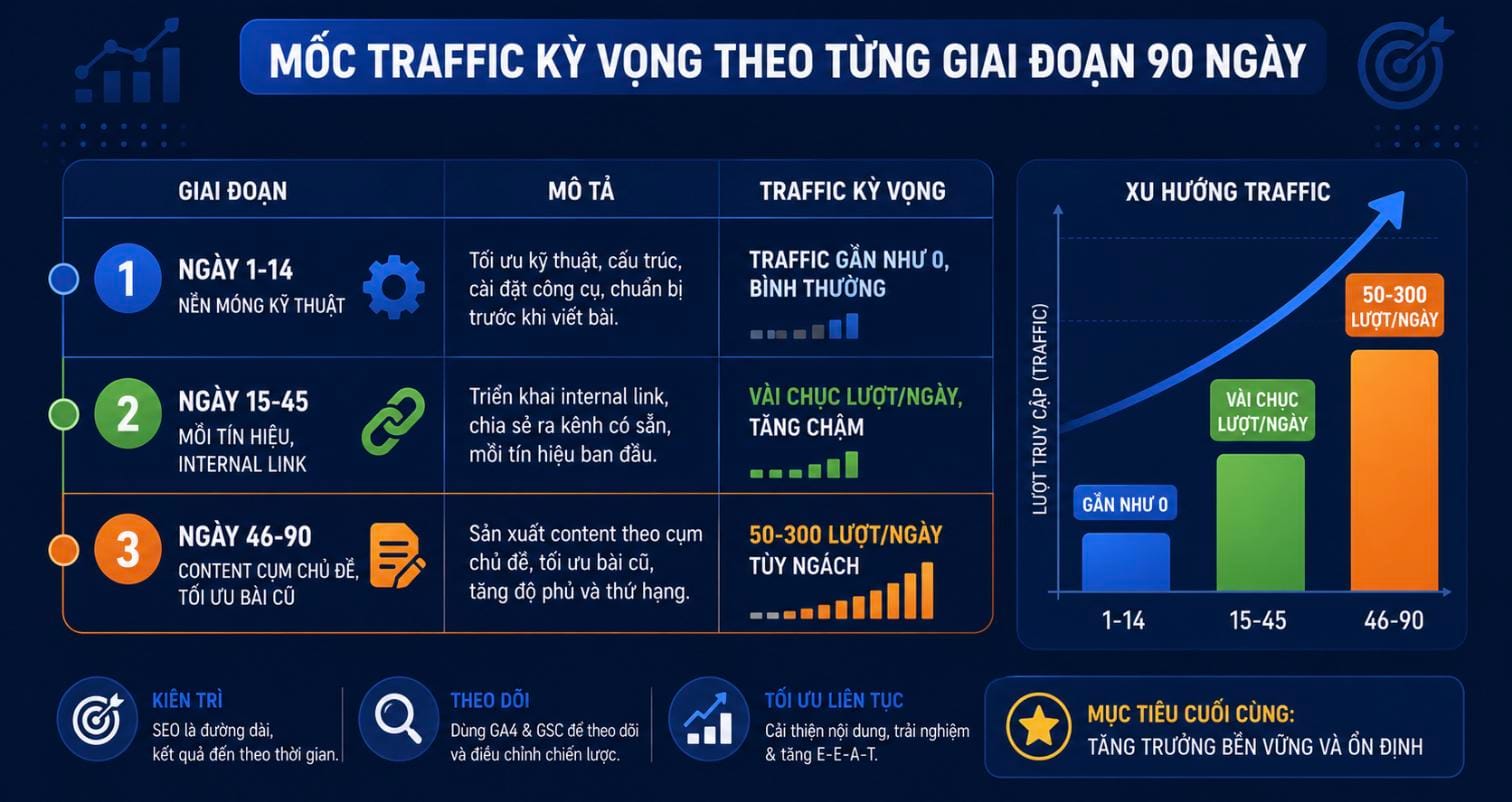 Mốc traffic kỳ vọng theo từng giai đoạn 90 ngày đầu cho website mới: ngày 1-14 gần như 0, ngày 15-45 vài chục lượt/ngày, ngày 46-90 đạt 50-300 lượt/ngày Mốc traffic kỳ vọng theo từng giai đoạn 90 ngày đầu cho website mới: ngày 1-14 gần như 0, ngày 15-45 vài chục lượt/ngày, ngày 46-90 đạt 50-300 lượt/ngày