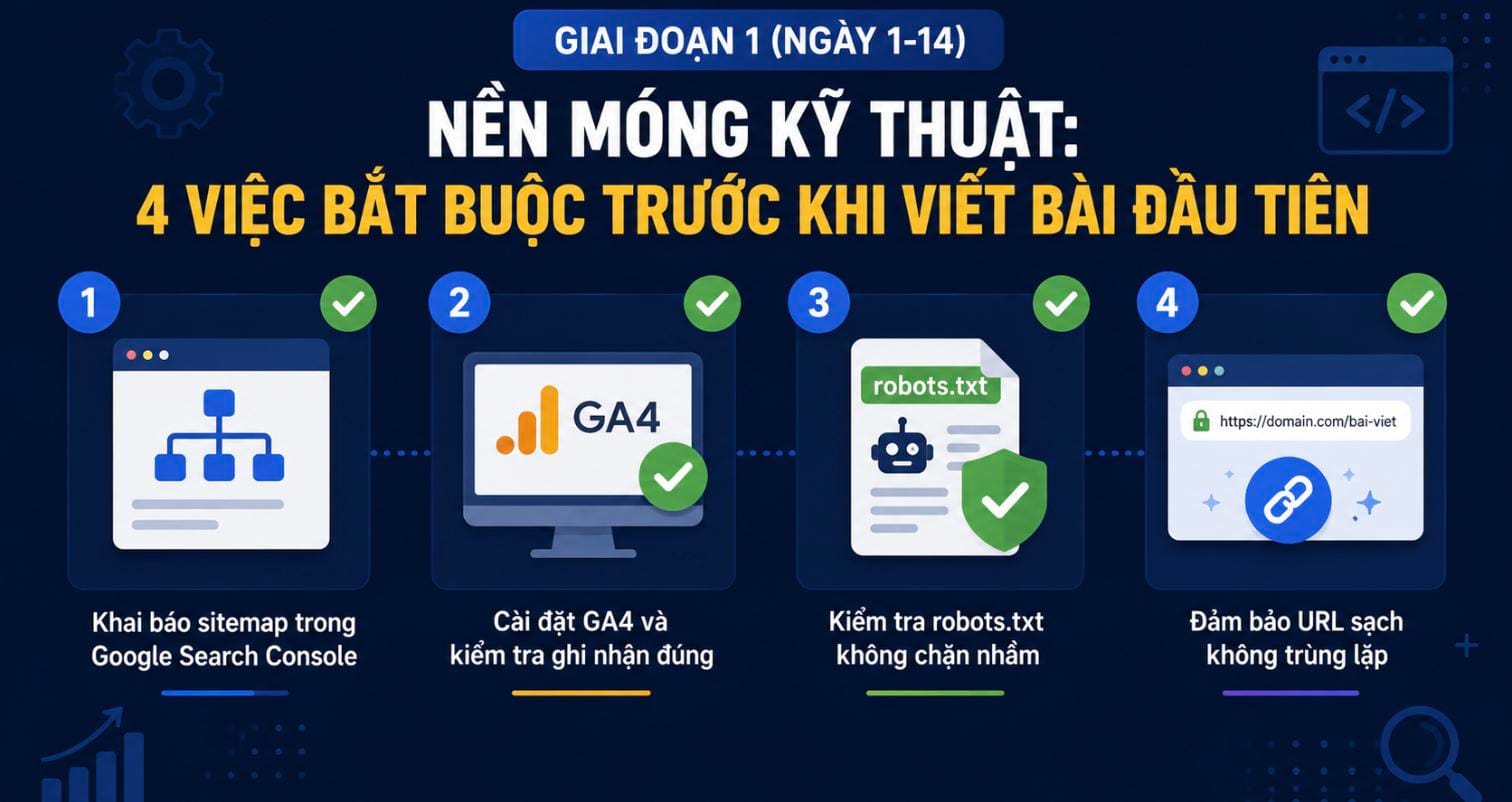 Nền móng kỹ thuật cho website mới: 4 việc bắt buộc trước khi viết bài đầu tiên - khai báo sitemap, cài GA4, kiểm tra robots.txt, URL sạch Nền móng kỹ thuật cho website mới: 4 việc bắt buộc trước khi viết bài đầu tiên - khai báo sitemap, cài GA4, kiểm tra robots.txt, URL sạch