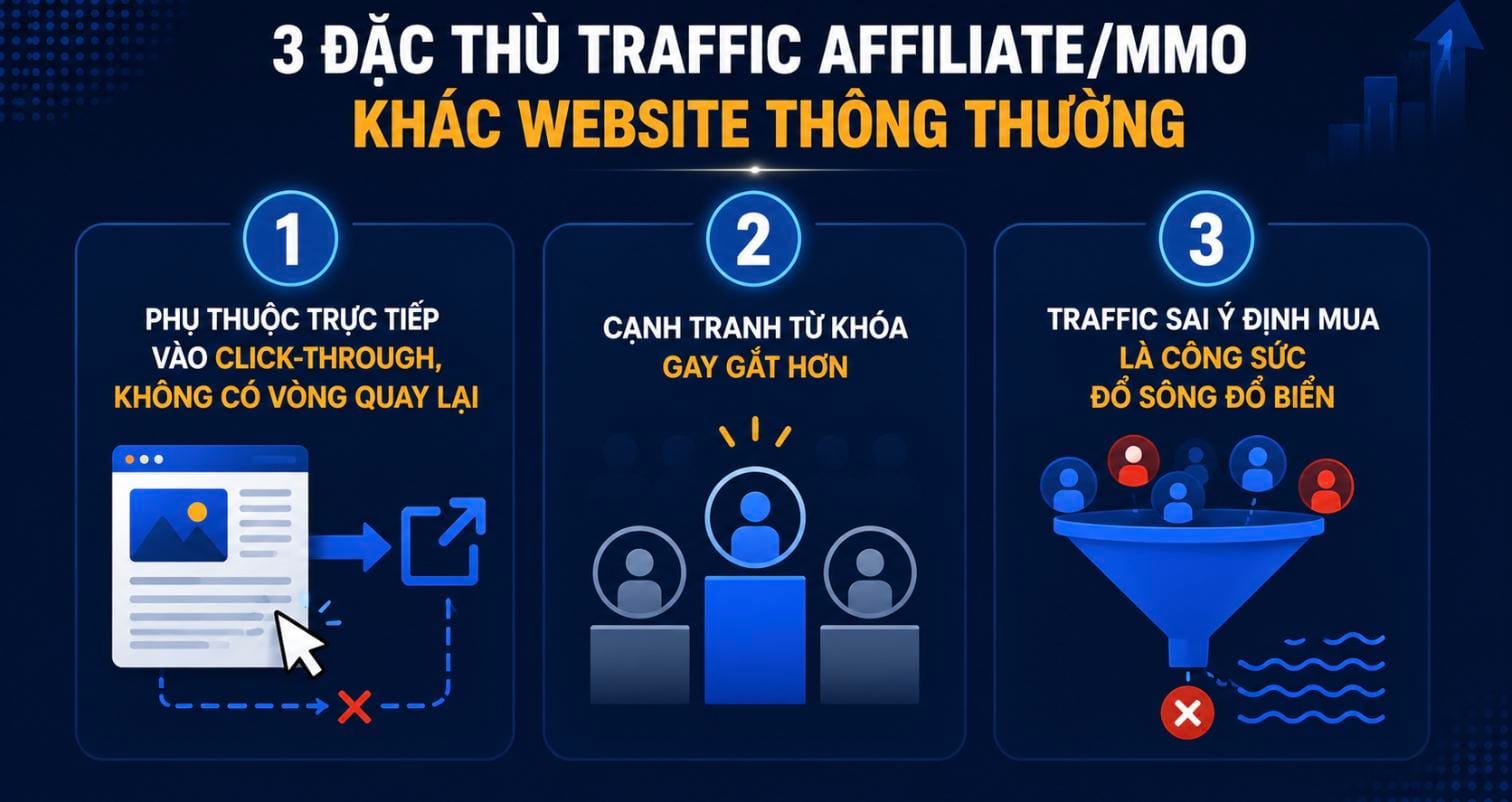 3 đặc thù traffic affiliate/MMO khác website thông thường: phụ thuộc click-through, cạnh tranh từ khóa gay gắt, traffic sai ý định mua lãng phí 3 đặc thù traffic affiliate/MMO khác website thông thường: phụ thuộc click-through, cạnh tranh từ khóa gay gắt, traffic sai ý định mua lãng phí
