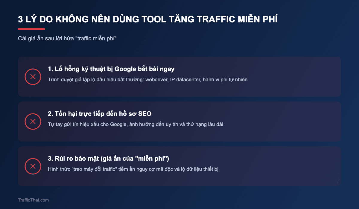 3 lý do không nên dùng tool tăng traffic miễn phí - lỗ hổng kỹ thuật, tổn hại SEO, rủi ro bảo mật