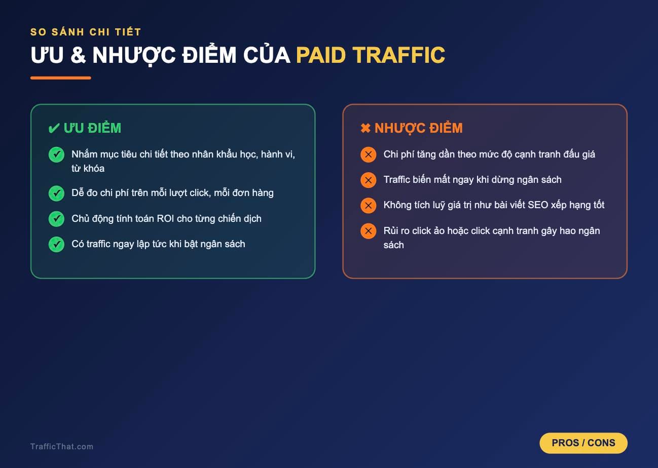 So sánh ưu điểm và nhược điểm khi chạy Paid Traffic - PROS và CONS