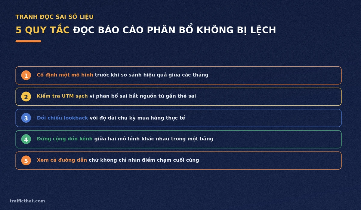 Checklist 5 quy tắc đọc báo cáo phân bổ chuyển đổi trong GA4 để không bị lệch số liệu