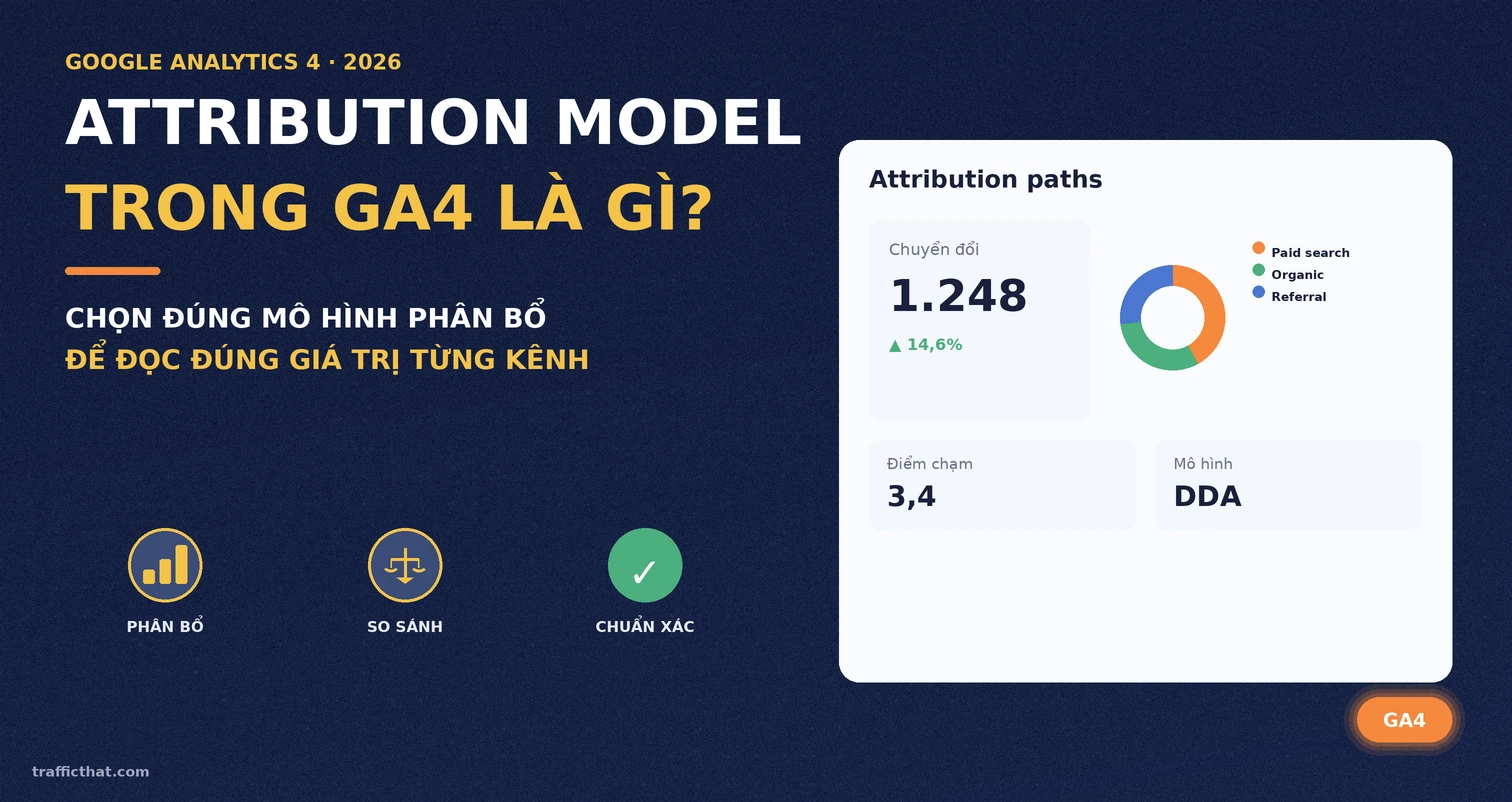 Attribution model trong GA4 là gì: bảng điều khiển phân bổ chuyển đổi theo từng kênh traffic