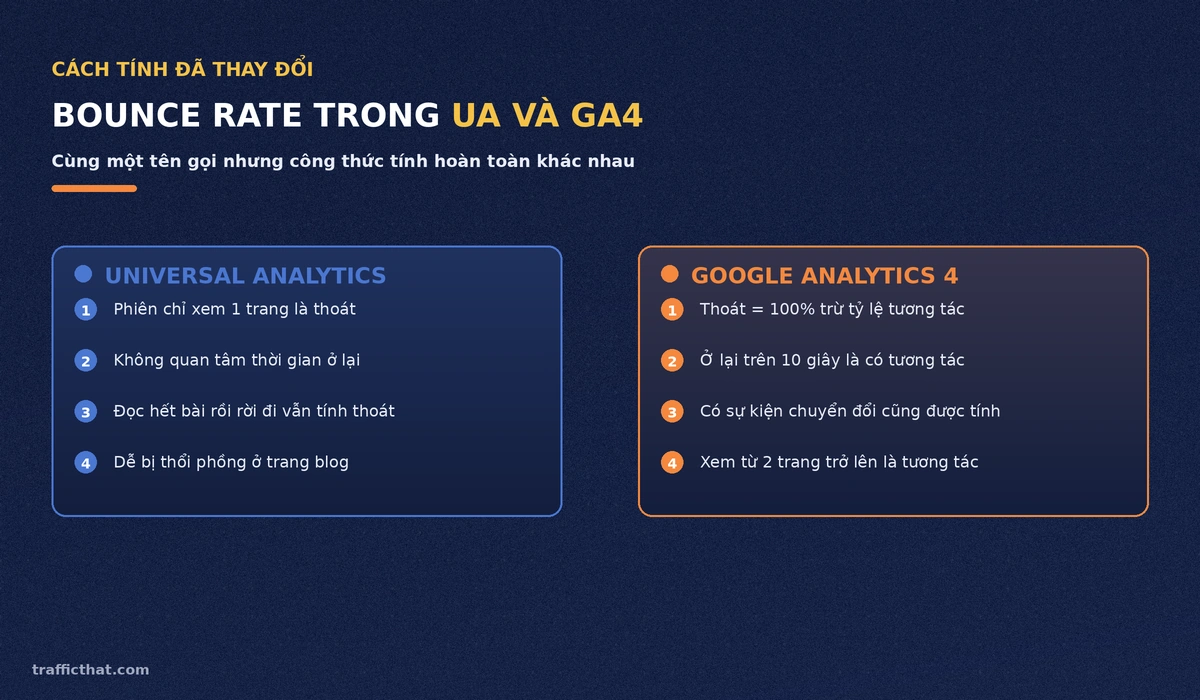 So sánh bounce rate trong UA và GA4 So sánh cách tính bounce rate trong Universal Analytics và Google Analytics 4