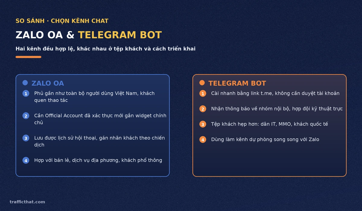 So sánh Zalo OA và Telegram Bot làm kênh chat website So sánh Zalo OA và Telegram Bot làm kênh chat website