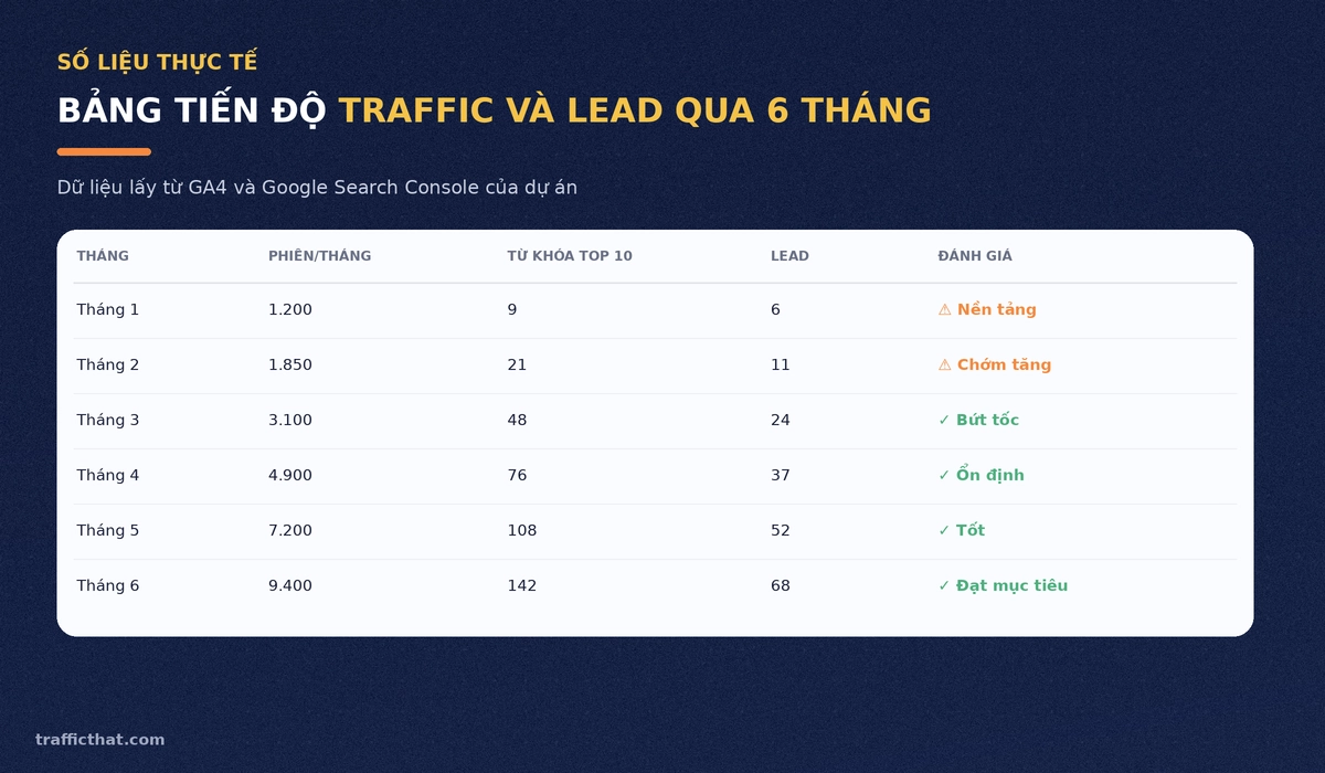 Bảng tiến độ traffic và lead qua 6 tháng Bảng số liệu traffic, từ khóa top 10 và lead qua từng tháng của dự án B2B