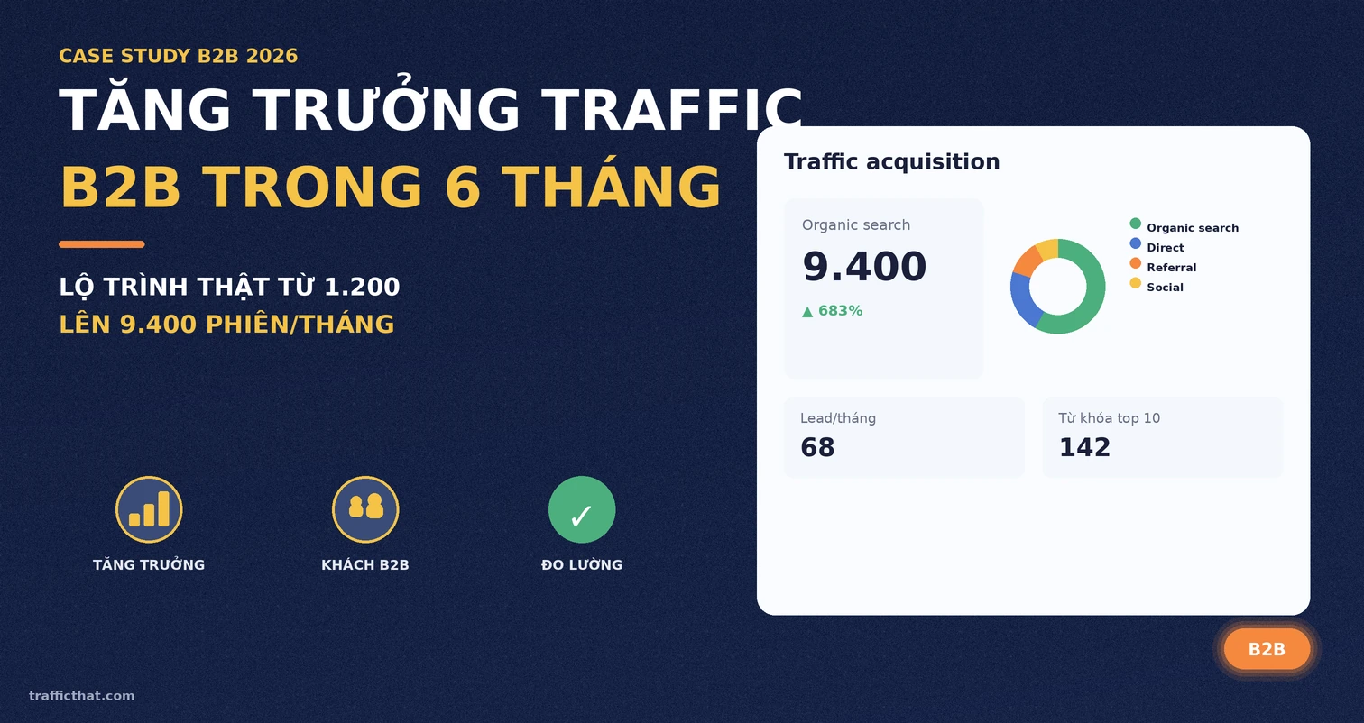 Case study tăng trưởng traffic B2B trong 6 tháng Biểu đồ tăng trưởng traffic B2B từ 1.200 lên 9.400 phiên mỗi tháng sau 6 tháng