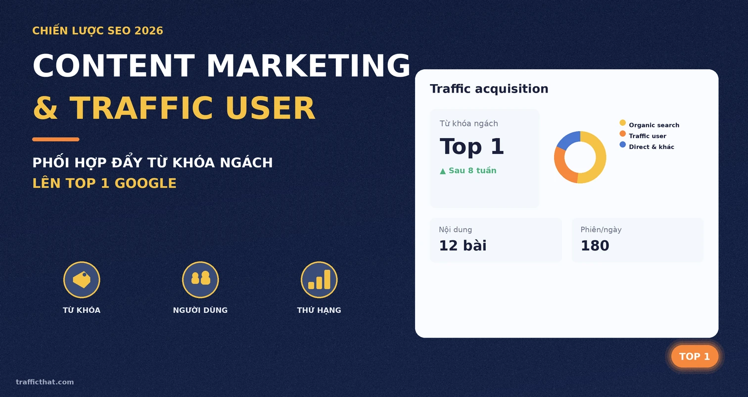 Content Marketing và Traffic User: Phối hợp đẩy từ khóa ngách lên top 1 Sơ đồ chiến lược phối hợp content marketing và traffic user đẩy từ khóa ngách lên top 1 Google