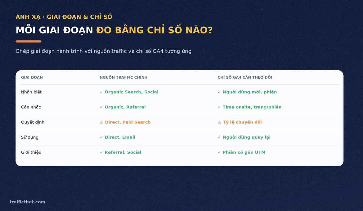 Ánh xạ giai đoạn hành trình với nguồn traffic và chỉ số GA4 Bảng ánh xạ giai đoạn hành trình khách hàng với nguồn traffic và chỉ số GA4