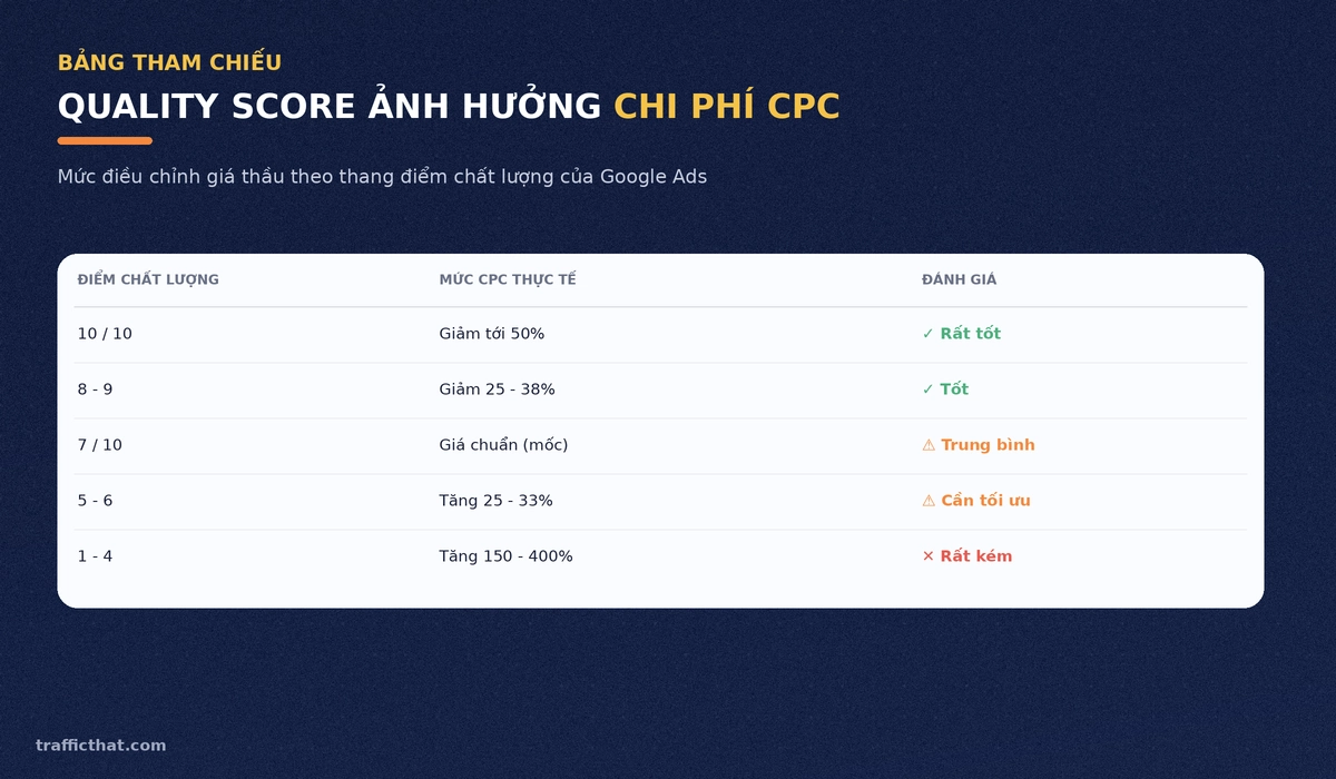 Bảng tham chiếu mức điều chỉnh chi phí CPC theo thang điểm chất lượng Google Ads từ 1 đến 10