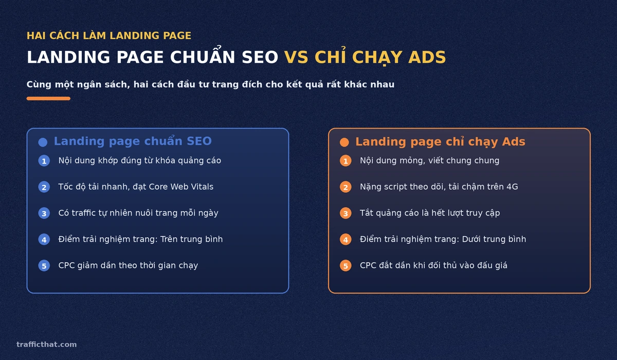 So sánh landing page chuẩn SEO và landing page chỉ phục vụ chạy quảng cáo về chi phí CPC