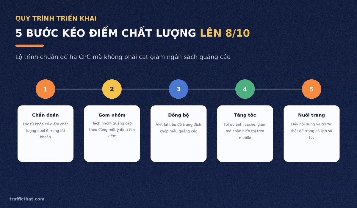 Quy trình 5 bước kéo điểm chất lượng Google Ads lên 8 trên 10 để hạ chi phí CPC