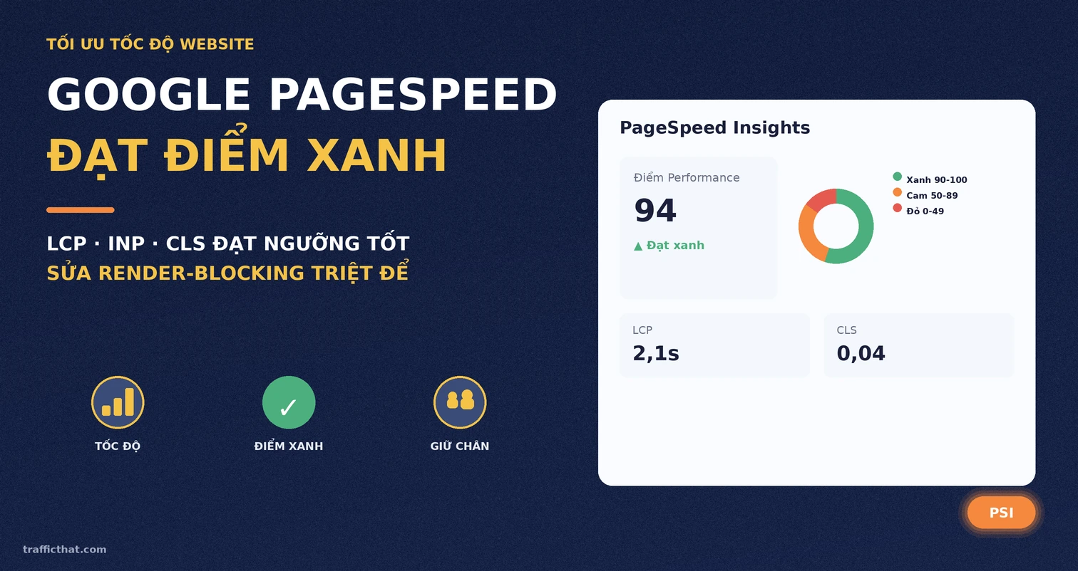 Google PageSpeed Insights đạt điểm xanh — tổng quan chỉ số Điểm Performance 94 trên Google PageSpeed Insights với LCP 2,1s và CLS 0,04