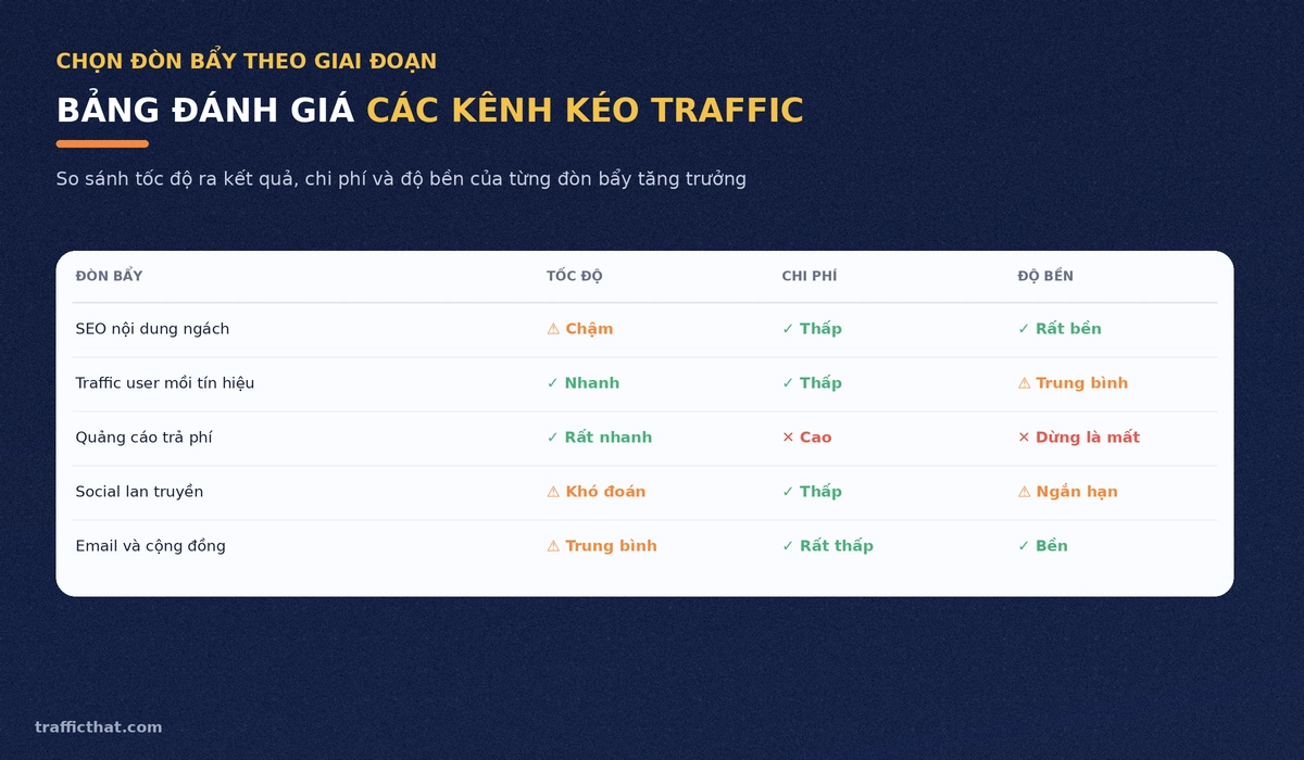 Bảng đánh giá các kênh kéo traffic theo tốc độ, chi phí và độ bền