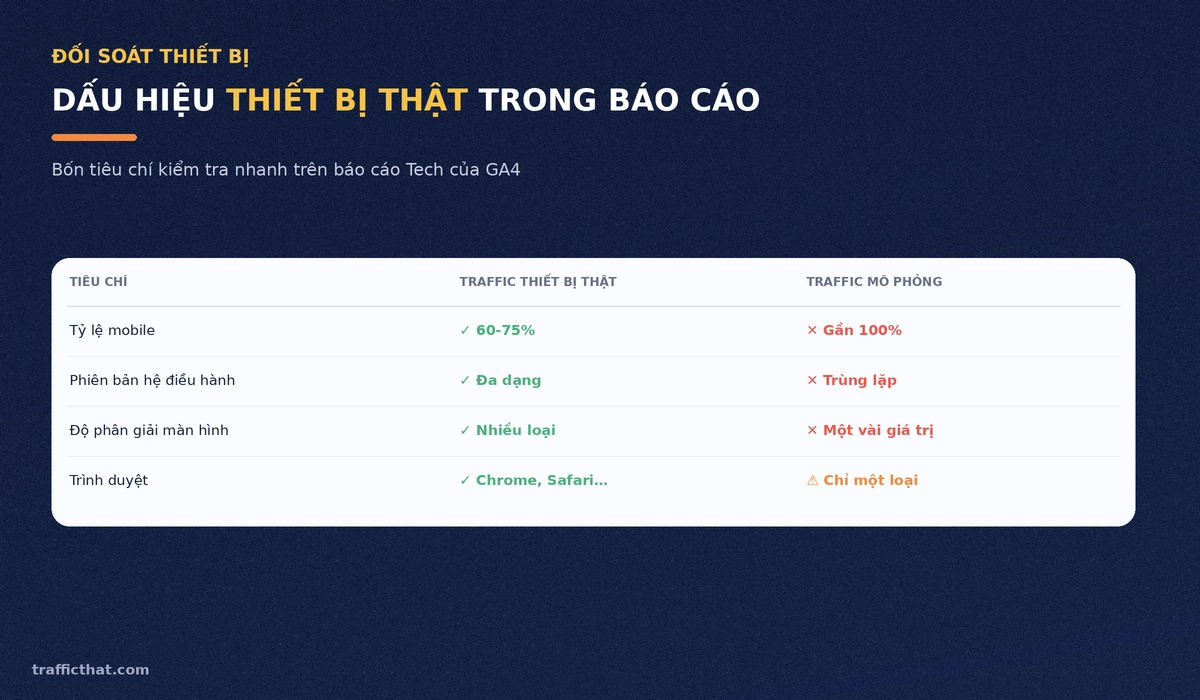 Bảng đối soát dấu hiệu thiết bị thật và thiết bị mô phỏng trên báo cáo Tech của GA4