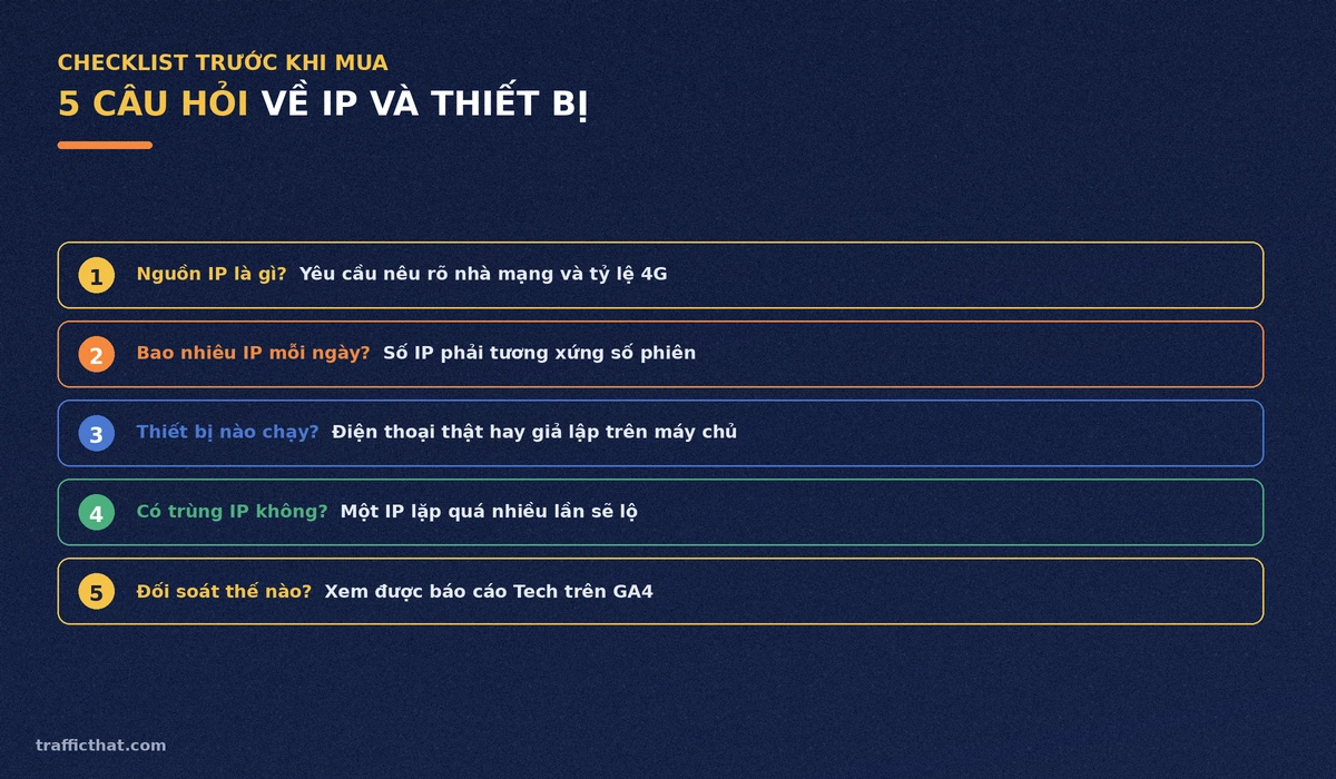 Checklist 5 câu hỏi về nguồn IP và thiết bị cần hỏi nhà cung cấp trước khi mua traffic user