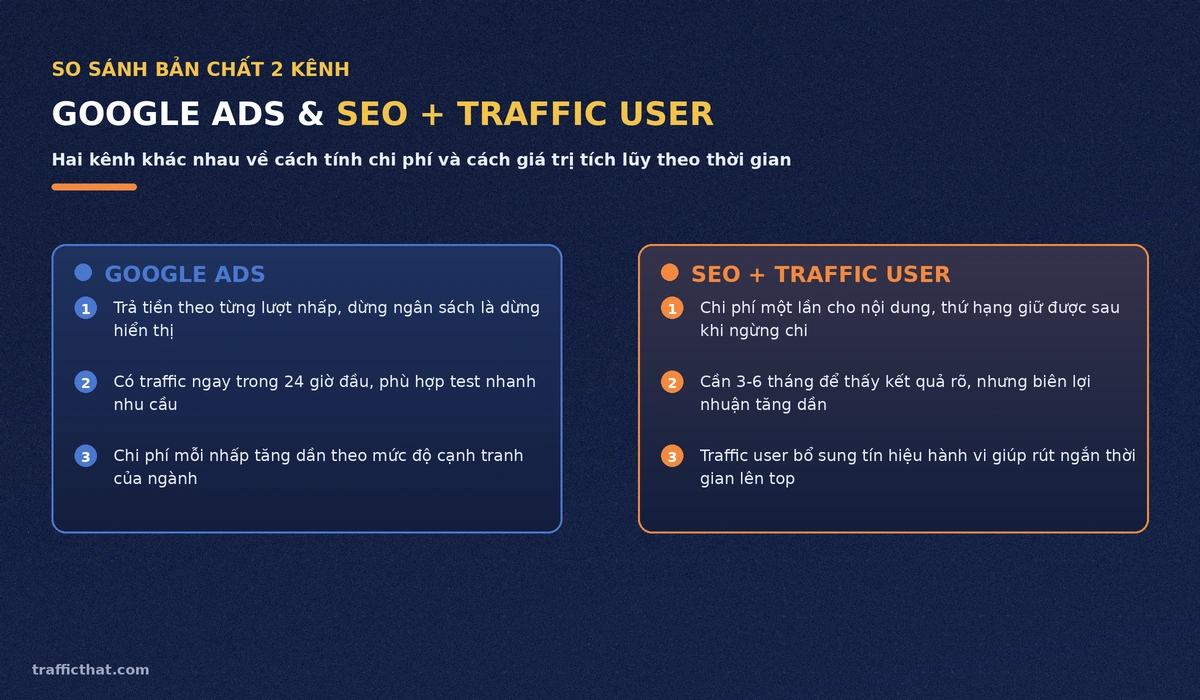 So sánh bản chất hai kênh Google Ads và SEO kết hợp traffic user
