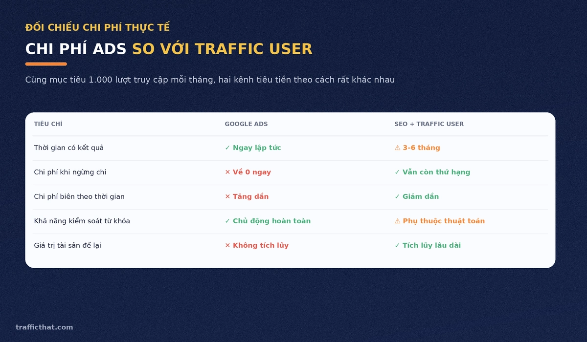 Bảng đối chiếu chi phí Google Ads so với SEO kết hợp traffic user
