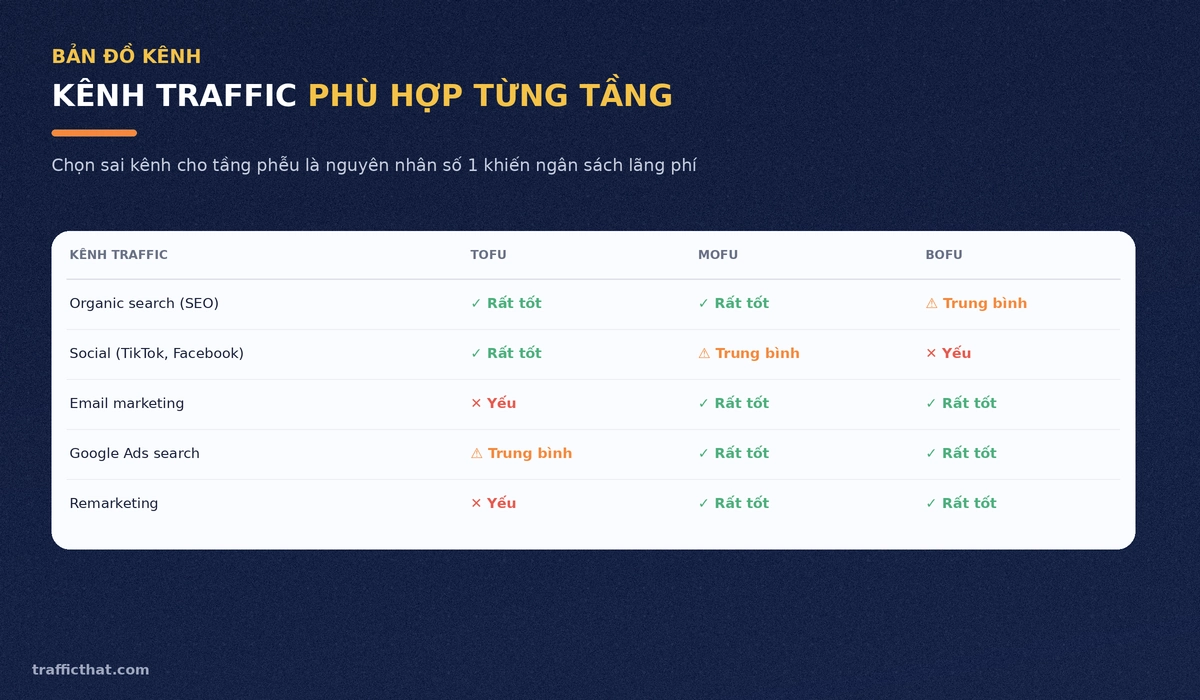 Bản đồ kênh traffic theo từng tầng phễu Bảng kênh traffic phù hợp với từng tầng phễu marketing: SEO, social, email, Google Ads, remarketing