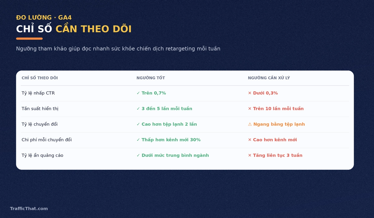 Bảng chỉ số cần theo dõi khi chạy retargeting kèm ngưỡng tốt và ngưỡng cần xử lý Bảng chỉ số cần theo dõi khi chạy retargeting kèm ngưỡng tốt và ngưỡng cần xử lý