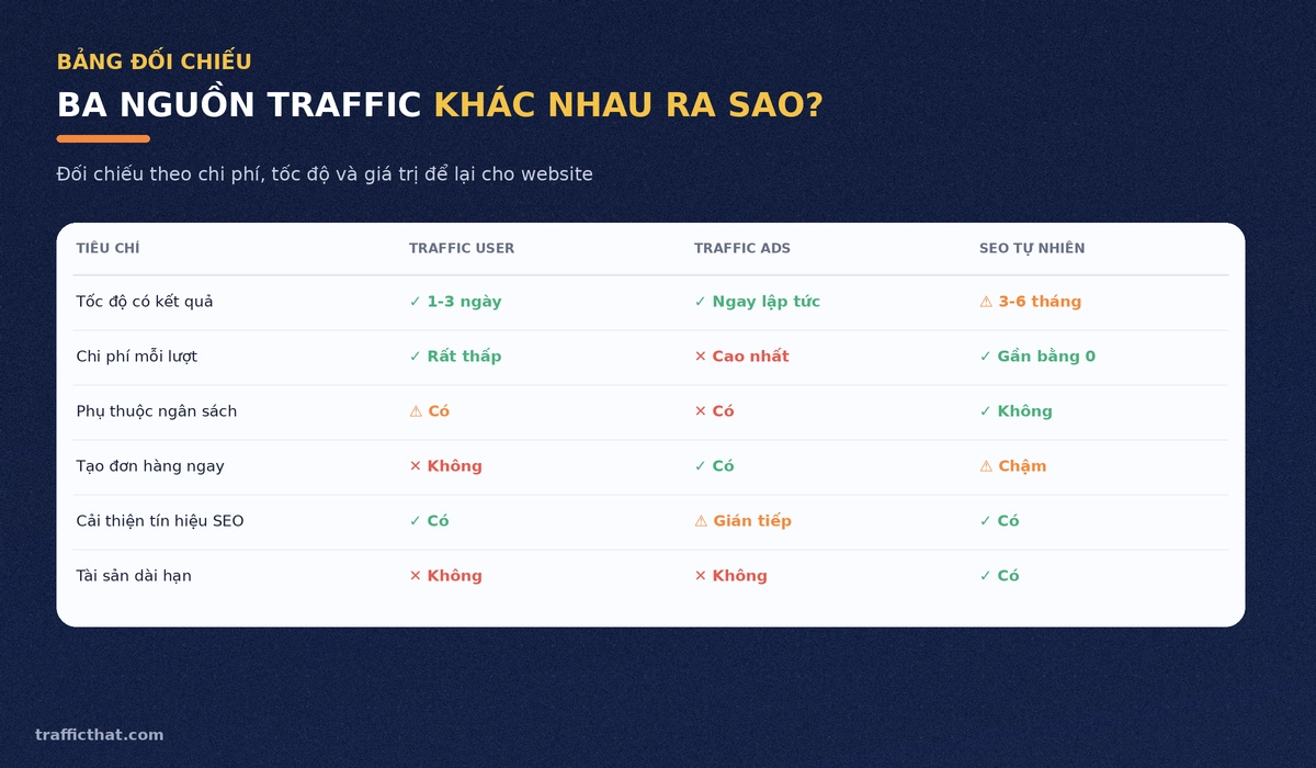 Bảng so sánh ba nguồn traffic Bảng đối chiếu ba nguồn traffic theo tốc độ, chi phí, khả năng tạo đơn và tài sản dài hạn