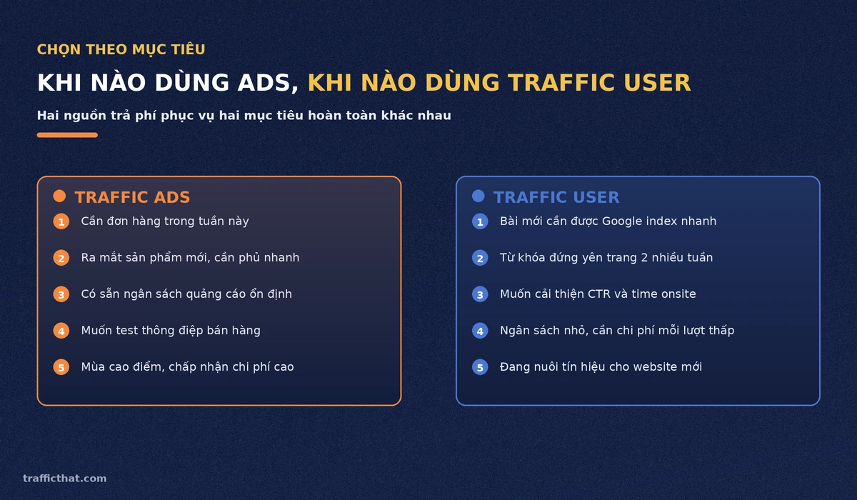 Khi nào dùng traffic ads, khi nào dùng traffic user Hai cột so sánh khi nào nên dùng traffic ads và khi nào nên dùng traffic user