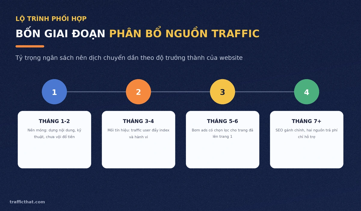 Bốn giai đoạn phân bổ nguồn traffic Lộ trình bốn giai đoạn phân bổ ngân sách giữa traffic user, traffic ads và SEO tự nhiên
