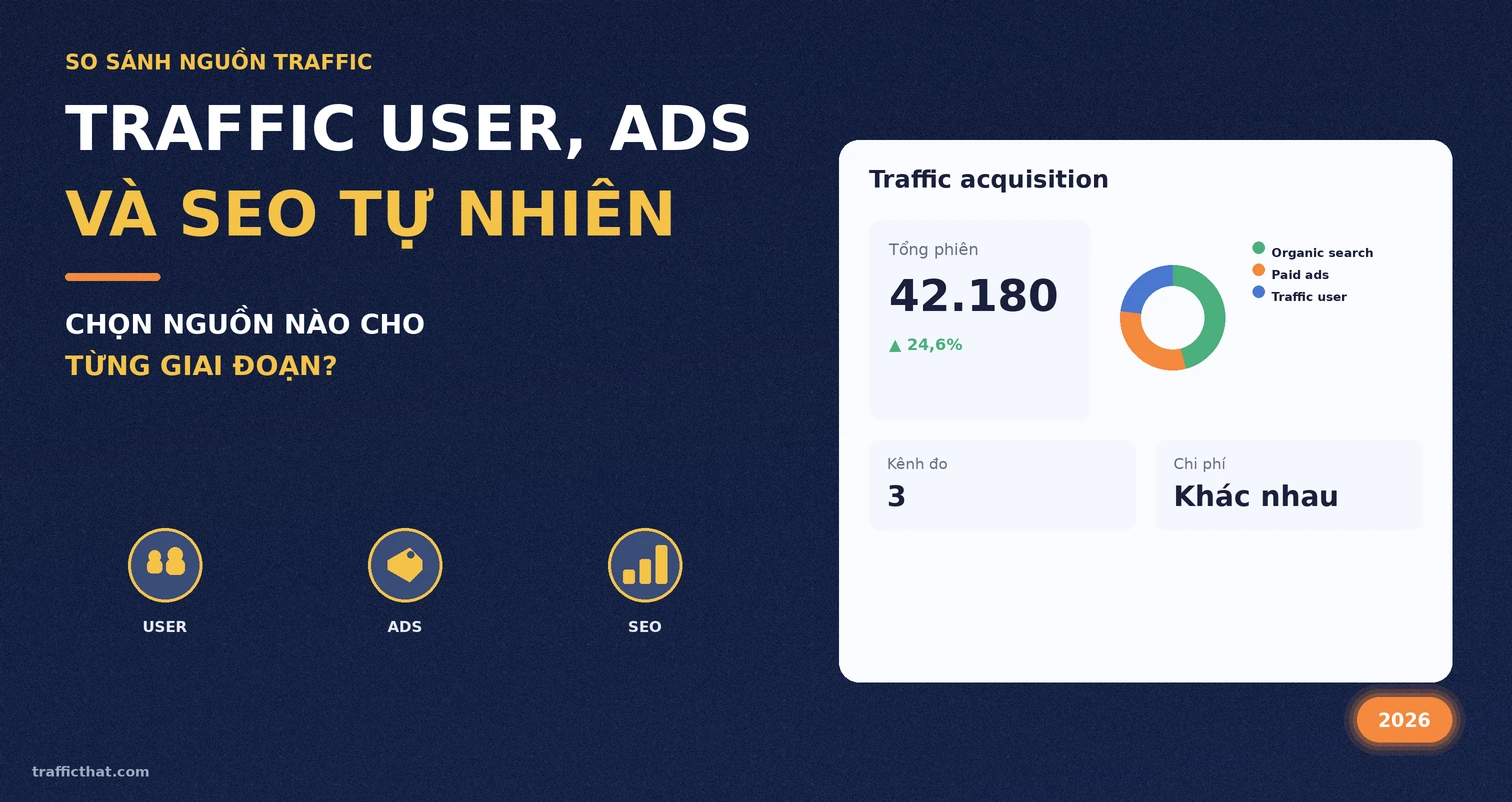 So sánh traffic user, traffic ads và traffic SEO tự nhiên So sánh traffic user, traffic ads và SEO tự nhiên trên dashboard GA4 năm 2026