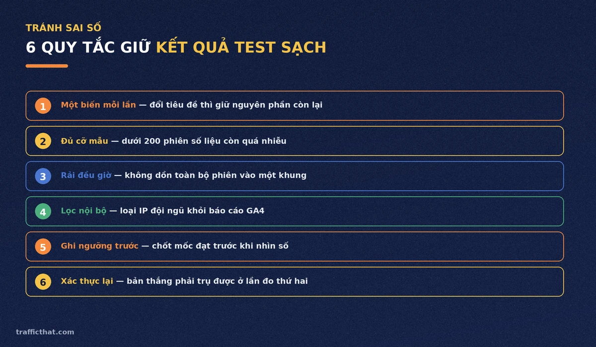 Danh sách 6 quy tắc giữ kết quả test nội dung sạch: một biến mỗi lần, đủ cỡ mẫu, rải đều giờ, lọc nội bộ, ghi ngưỡng trước và xác thực lại