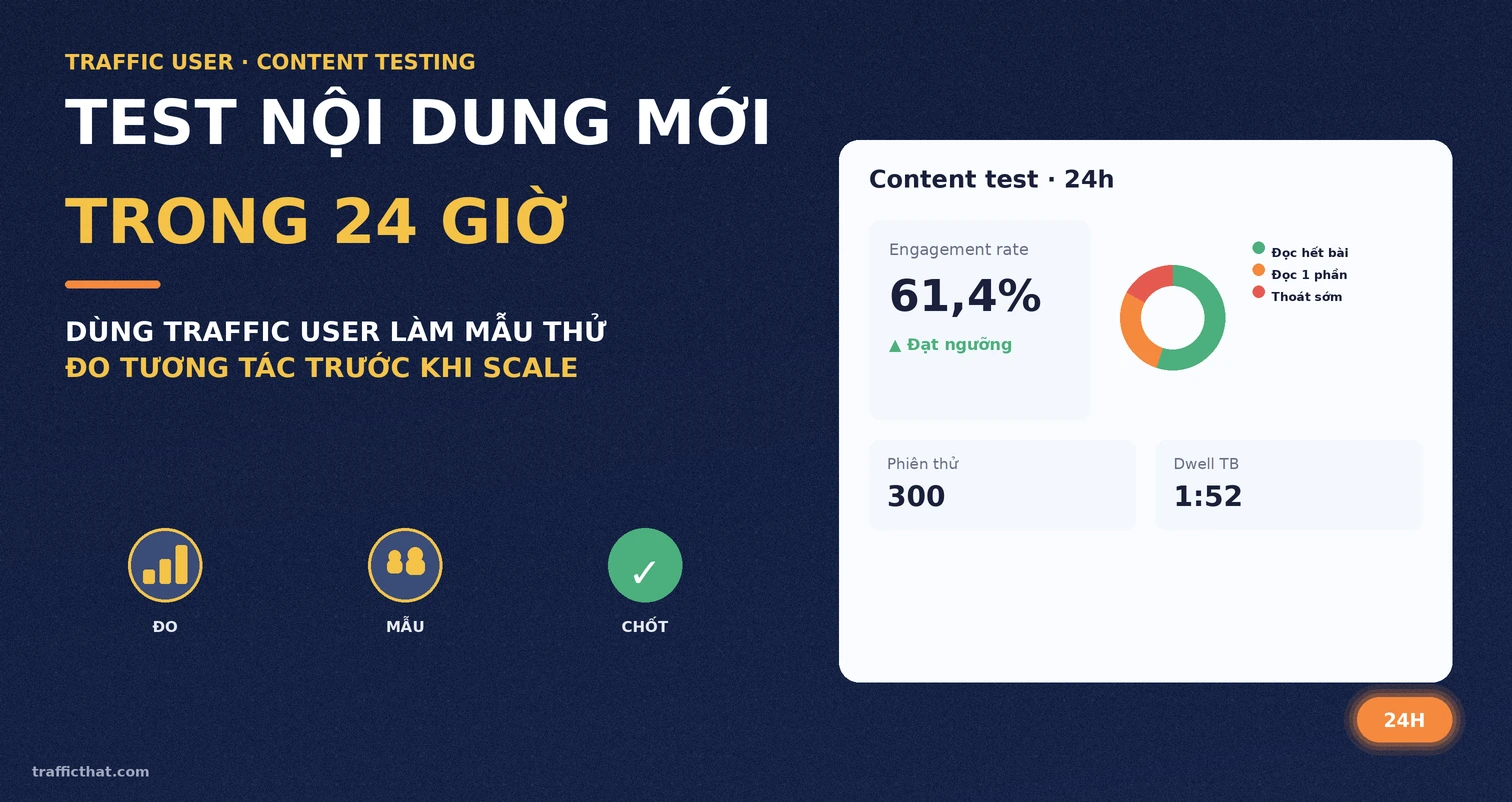 Dashboard minh họa quy trình test nội dung mới bằng traffic user trong 24 giờ với chỉ số engagement rate và dwell time